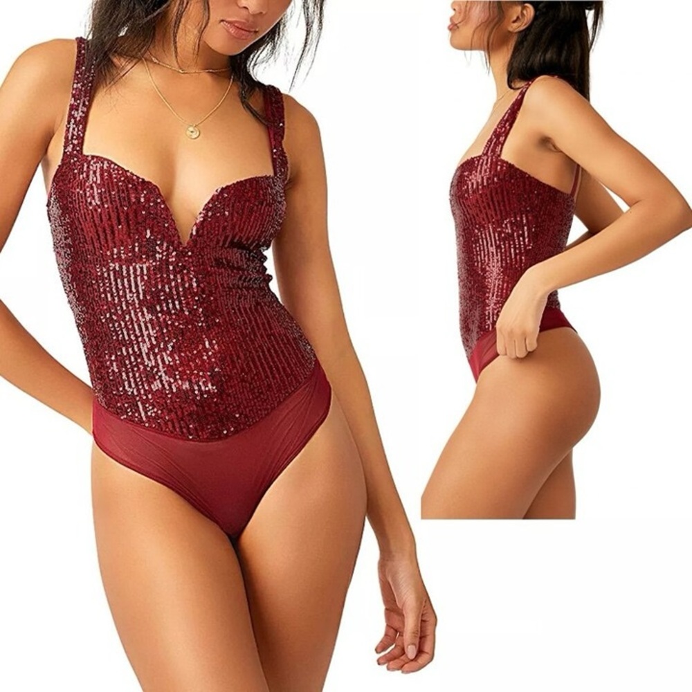 Free People Burgundy Sequin Bodysuit